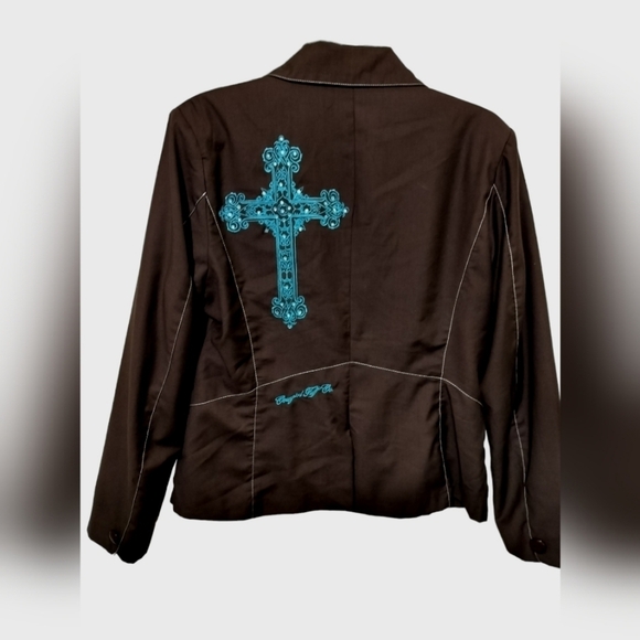 1902) Cowgirl Tuff Brown Turquoise Cross Embellishment One button Jacket Size L - Picture 3 of 8
